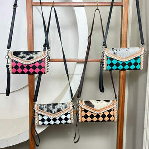 Nouveau sac à main en cuir de vachette véritable à carreaux rose et noir de style occidental, pochette à main, bandoulière, mini sac pour femmes - Product Image 4