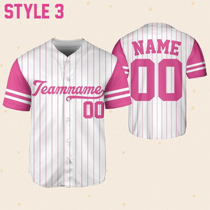 Maillot de baseball personnalisé blanc avec passepoil rose, rayures, uni, boutonné, uniforme d'équipe, pour hommes et femmes, texte et nom personnalisés - Product Image 4