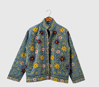 Veste en jean brodée à la main à motifs floraux, col mandarin, manches longues, grande taille, vêtements de printemps pour femmes, style Prairie Chic