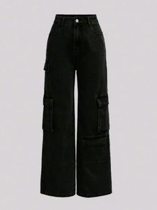 Pantalon cargo en jean noir taille haute pour homme, coupe ample et large, respirant, avec sangles à boucles légères, style streetwear Y2K, utilitaire, ODM - Product Image 4