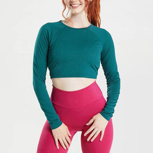 Women Long Sleeve Crop <b>Top</b> Crew Neck Solid Color Yoga <b>Top</b> Full Sleeve Seamless Stretchy Activewear Front Logo Custom Color - Product Image 1
