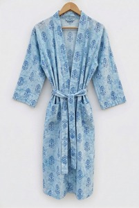 Robe de nuit kimono en coton tissé à motifs floraux imprimés à la main, luxueuse et lisse, légère, pour l'été, vêtement de plage pour femmes, peignoir - Product Image 2