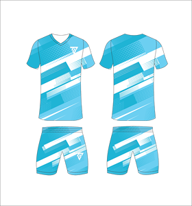 Conjunto de uniforme de fútbol sublimado personalizado para hombre con camiseta con estampado de degradado azul oscuro y azul claro y pantalones cortos a juego - Product Image 3