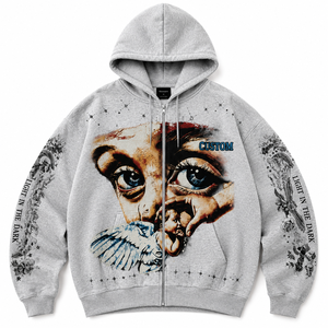 Custom Heather <b>Grey</b> Zip Up Hoodie Heavyweight French Terry Oversized Vintage Eyes Graphic Print Hooded <b>Sweatshirt</b> OEM Factory - Product Image 2