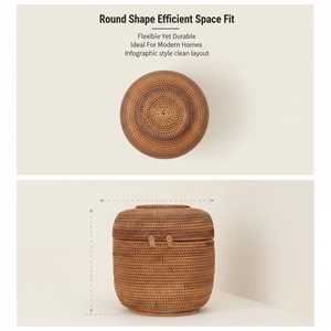 ตะกร้าเก็บของหวายธรรมชาติทรงกลมแบบยืดหยุ่น ทำด้วยมือ เป็นมิตรกับสิ่งแวดล้อม สำหรับตกแต่งบ้าน ซักผ้า ห้องนั่งเล่น ขายส่ง - Product Image 2