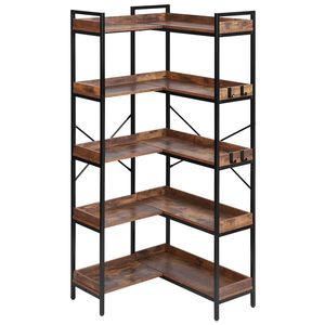 Libreria ad angolo a L in metallo resistente da 166 cm con 5 ripiani e 4 ganci, scaffale industriale con mensole in legno - Product Image 1