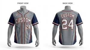 Camiseta de Béisbol Personalizada para Hombre, Gris, Azul Marino y Naranja, Sublimada, con Botones, Absorbe la Humedad, Corte Regular, Manga Corta, para Adultos - Product Image 1
