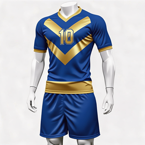 Uniforme de rugby sublimado con cuello en V azul dorado para hombre, conjunto de manga corta que absorbe la humedad, número 10, ajuste regular para adulto - Product Image 1
