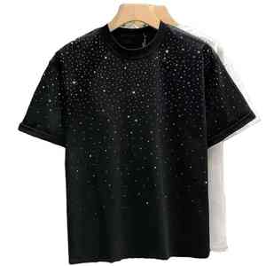 T-shirts pour femmes en coton doux et respirant, ornés de cristaux faits à la main de haute qualité, scintillants et luxueux, pour le printemps et l'été - Product Image 1