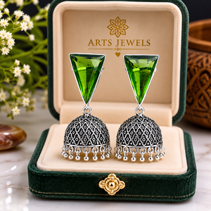 ARTS JEWELS Pendientes colgantes vintage de plata oxidada con jade verde para mujer |   Joyería de Fiesta Estilo Jhumka de Bollywood - Product Image 5