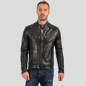Blouson de motard personnalisé pour homme en cuir véritable noir, coupe ajustée, col à boutons-pression, en peau de mouton souple, veste de mode pour moto - Product Image 2