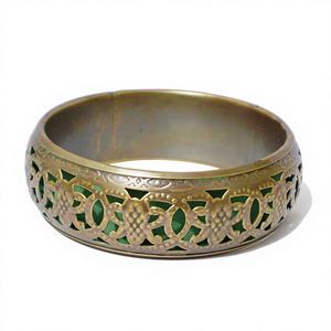 Bracelet en cuivre finition laiton antique pour femmes, design ajouré complexe avec doublure intérieure vert émeraude, large artisanat métallique - Product Image 1