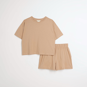 Conjunto de 2 Piezas para Mujer, Top Corto con Capucha y Pantalones Cortos de Algodón Tejido, Color Sólido, Transpirable, Informal, para Primavera/Verano - Product Image 2