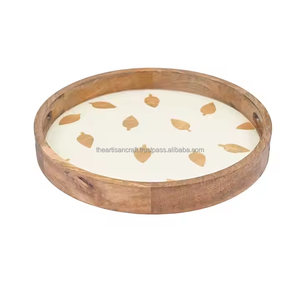 Plateau de service en bois émaillé fabriqué à la main forme ronde meilleure qualité avec motif floral produit cadeau unique - Product Image 5