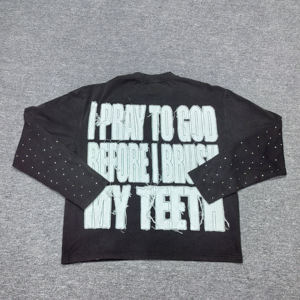 Sudadera de manga larga de doble capa con bordado de parches, pedrería, estampado y lavado ácido, estilo oversize, ropa streetwear personalizada - Product Image 2