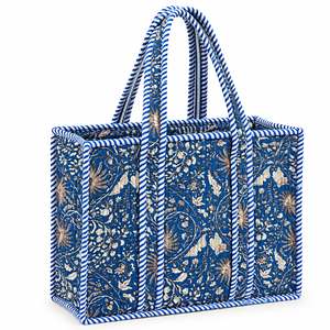 Bolsa de Lona Bordada con Diseño Floral y Ribete de Rayas Azules y Blancas, Estilo Preppy, Abierta, para Compras, para Todas las Temporadas - Product Image 1