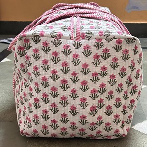 Indian Handmade Luxury Lightweight Block Print Quilted Cotton Duffle <b>Bag</b> Pink Floral Cotton <b>Duffel</b> <b>Bag</b> with Striped - Product Image 4