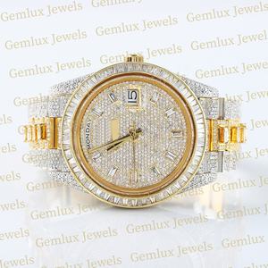 Probador de diamantes de paso de alta calidad Dos tonos D VVS Totalmente helado Moissanite Diamond Baguette Movimiento automático Reloj de hip hop - Product Image 2