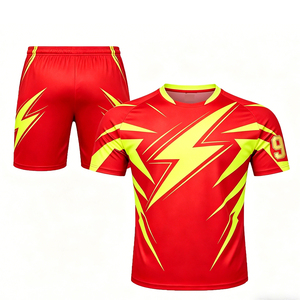 Conjunto de Camiseta de Fútbol Roja para Hombre, Diseño de Rayos Amarillos, Número 9, Pantalones Cortos de Poliéster de Secado Rápido, Cuello Redondo, Manga Corta, para Equipo - Product Image 2