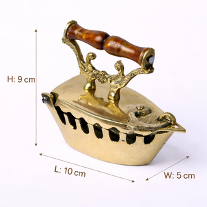 Presse à repasser vintage en laiton avec poignée en bois, fer à repasser métallique de style antique, objet décoratif de collection pour la maison - Product Image 4
