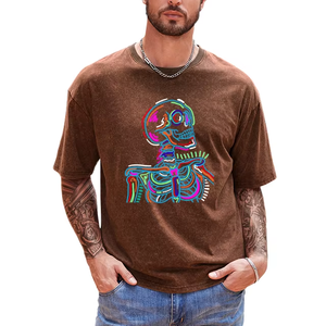 T-shirt décontracté bleu pour homme avec imprimé crâne néon, manches courtes, en coton, pour l'été, avec logo sur le devant, en tissu popeline respirant - Product Image 3