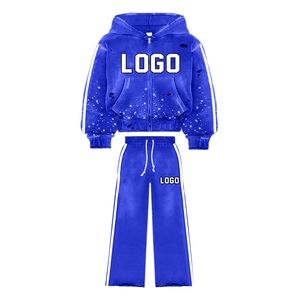 Unisex Casual 100% Cotton Breathable Fleece Embroidered Full Zipper Hoodie Flare <b>Trouser</b> Two Piece Winter Jogger Tracksuit - Product Image 2