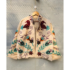 Veste en velours beige brodée, manteau court d'hiver, motif oiseau brodé, veste pour femme, coton tissé à la main, style bohème, cadeau pour elle - Product Image 1