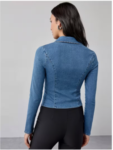 TRIBON SPORTS Women's Denim Varsity Jacket Full Sleeve Turn-down Collar <b>Zipper</b> Closure Leopard Pattern Casual Autumn/Winter - Product Image 2