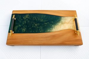 Royal Emerald Wave Wood Resin Serving Tray Handmade <b>Epoxy</b> River Tray Luxury Handles Multi-Functional Premium Artisan Wedding - Product Image 2