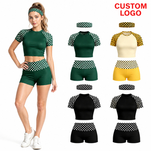 Custom Logo Women Polka Dot <b>Raglan</b> Crop <b>Top</b> Shorts Set 2 Piece Sporty Skinny Fit Quick Dry Polyester Cotton Velvet Summer - Product Image 1