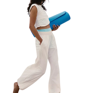 Hot Selling Casual Activewear Women's <b>2</b> <b>Piece</b> Solid <b>White</b> Lounge <b>Set</b> Sleeveless Cropped Top With Wide Leg Sweatpants Breathable - Product Image 1