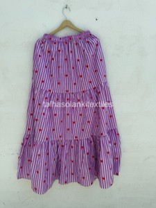 Women's Purple Striped Heart Print A-Line <b>Skirt</b> <b>Elastic</b> <b>Waist</b> Ruffles Mid-Calf Cotton Sweet Style All Seasons - Product Image 2