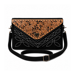 Handcrafted <b>Black</b> Suede Leather Shoulder <b>Bag</b> with Tooled Floral Flap Western Style Women's Handbag Everyday Travel Office Purse - Product Image 3