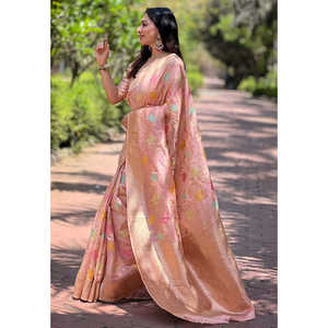 Sari en organza rose bébé Meenakari Floral Jaal Zari tissé pour robes de demoiselles d'honneur Elite Weaves 0.6g - Product Image 1