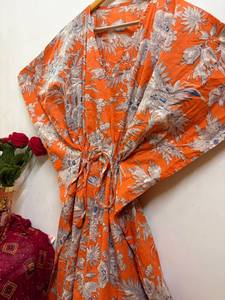 Women's <b>Blue</b> Floral Cotton Maxi Lounge Dress Batwing Sleeves Safari Print Holiday Wear Casual Summer <b>Tunic</b> Regular Fit Bohemian - Product Image 5