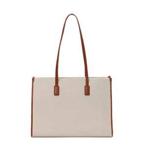 Minimalist Canvas <b>Handbag</b> with Brown Leather Handles Zipper Closure Large Capacity Outdoor Daily Use - Product Image 1