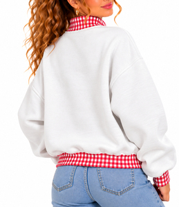 Sweat-shirts universitaires surdimensionnés personnalisés à col montant pour femmes, en tissu épais, à carreaux vichy et patchwork, prix de gros - Product Image 4