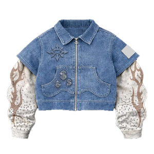 Chaqueta vaquera personalizada con cremallera, mangas con efecto llama, estilo urbano, informal, corta, estilo Y2K, para mujer y unisex. - Product Image 1