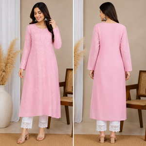 Light Pink Hand Embroidered Lucknowi Chikankari Straight Kurti Simple Elegant Cotton Ethnic Tunic Top for <b>Women</b> - Product Image 3