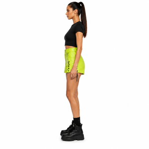 Custom Women's High Waist Leather Micro Shorts 380GSM Lambskin <b>Stretch</b> Leather Neon Green Snap-Button Sustainable Wide-Leg - Product Image 3