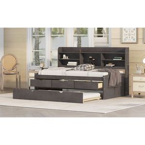 Cama individual de madera estilo capitán en gris antiguo con estanterías integradas y tres cajones de almacenamiento, incluye cama nido. - Product Image 4