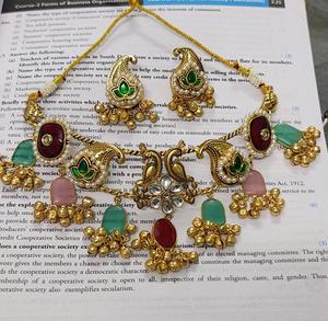 Exima Gold Plated Brass Necklace Earring <b>Set</b> with Green Red Stones Trendy <b>Indian</b> Bridal Wedding <b>Jewelry</b> for Women - Product Image 2