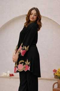 Conjunto de Pantalón y Top de Algodón Negro Bordado para Mujer, Corte Regular, Largo Midi, Estilo Étnico para Fiestas, Estilo India Pakistán - Product Image 4