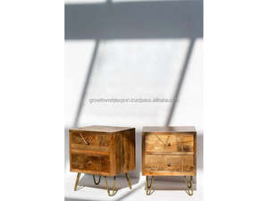 Modern <b>Solid</b> Mango <b>Wood</b> Bedside Nightstand with 2 Drawers and Hairpin Metal Legs for Bedroom Use - Product Image 4