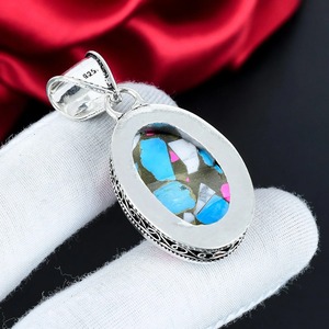 Pendentif mosaïque rose vif, bleu turquoise, argent sterling 925, fait main, ovale, bijoux bohèmes en pierres précieuses - Product Image 4