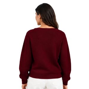 Suéter de Punto Color Vino Tinto para Mujer, Elegante, con Detalle de Botones Dorados en el Hombro, Cuello Asimétrico, Manga Larga, Informal, para Invierno - Product Image 3