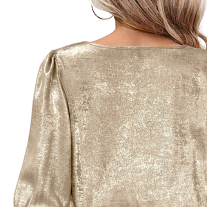 Women's Golden Polyester Satin Loose Autumn Blouse with Hubble-<b>Bubble</b> Sleeves O-Neck Elastic Waist Ruffles XL Chic Party Wear - Product Image 4