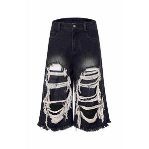 Shorts capri en jean déchiré pour hommes avec ourlet effiloché et taille élastique, style streetwear - Product Image 3