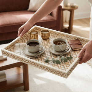 Bandeja Decorativa con Incrustaciones de Hueso |   Bandeja para Mesa de Centro Estilo Rústico |   Bandeja para Desayuno en la Encimera de la Cocina |   Bandeja Decorativa para Sala de Estar - Product Image 1