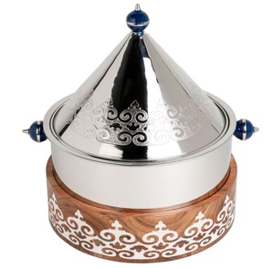 Pot de casserole en acier inoxydable de conception du Moyen-Orient pot de finition argentée avec la base en bois pour l'utilisation d'hôtel de mariage de buffet de partie - Product Image 5